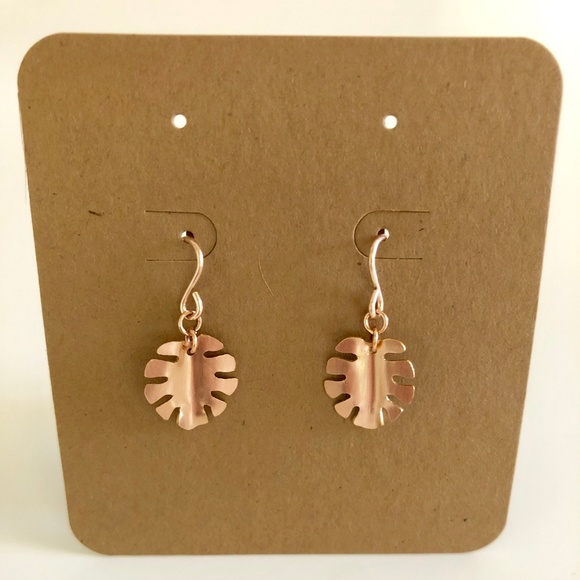 Monstera Dangle Earrings - Rose Gold Filled - Picture 2 of 3